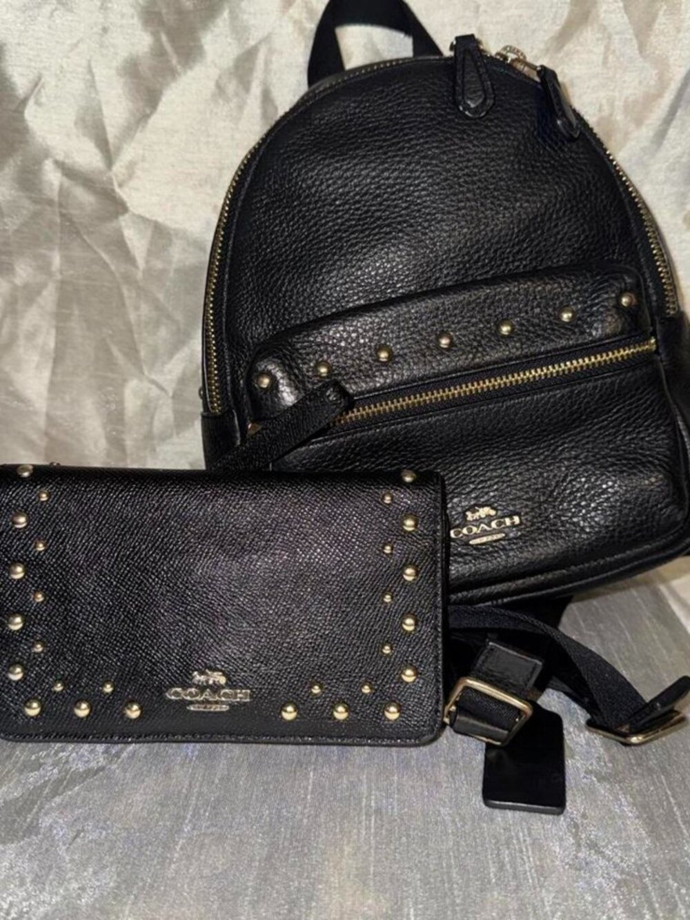 COACH Charlie Black Leather With Studs Matching Wallet NWOT F45070